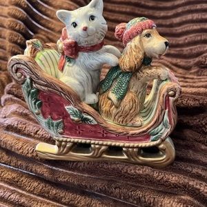 Fitz and Floyd Christmas Cat and Dog Salt and Pepper Shakers with Sleigh.
